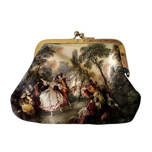 Vintage Victorian Scene Silk Coin Purse Made In Italy Kiss Lock Clutch‎ Bag